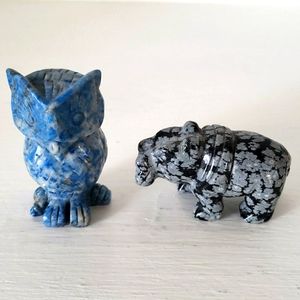 Set Of Two Genuine Semi Precious Stones Owl And Hippo